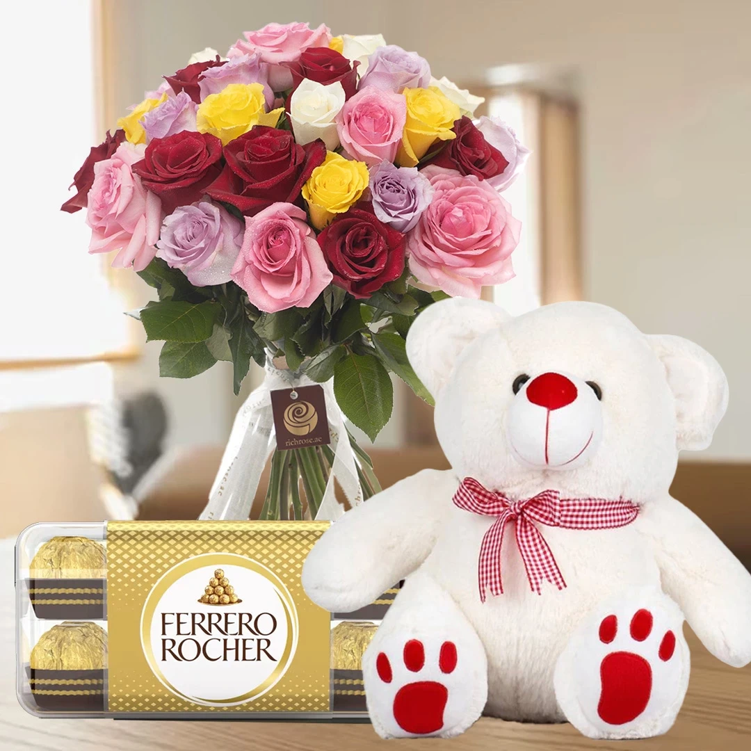Birthday Cheers - 20 Roses Bunch with Rocher Ferrero & Teddy