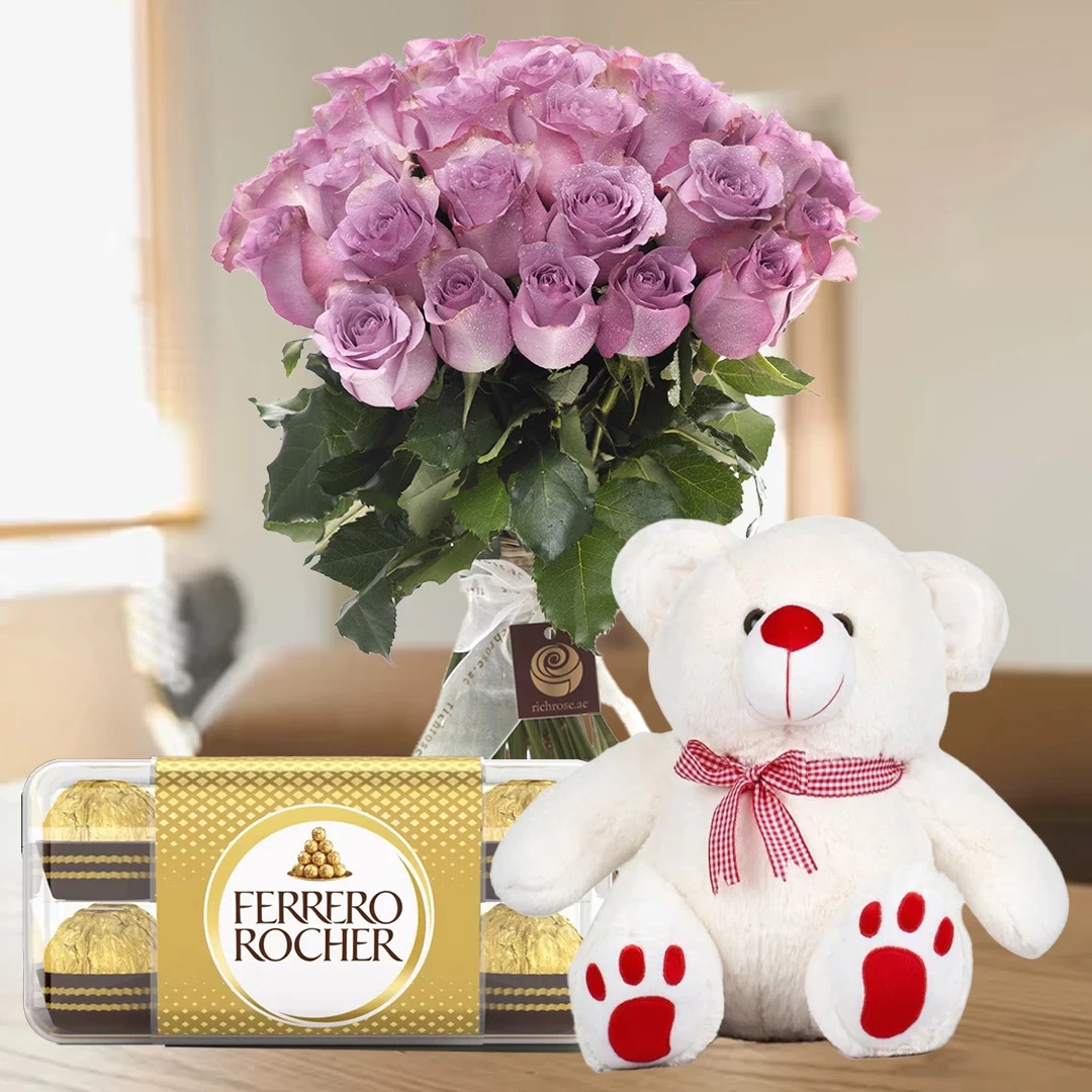 Birthday Chill Out - Rose Bunch with teddy & Ferrero Rocher