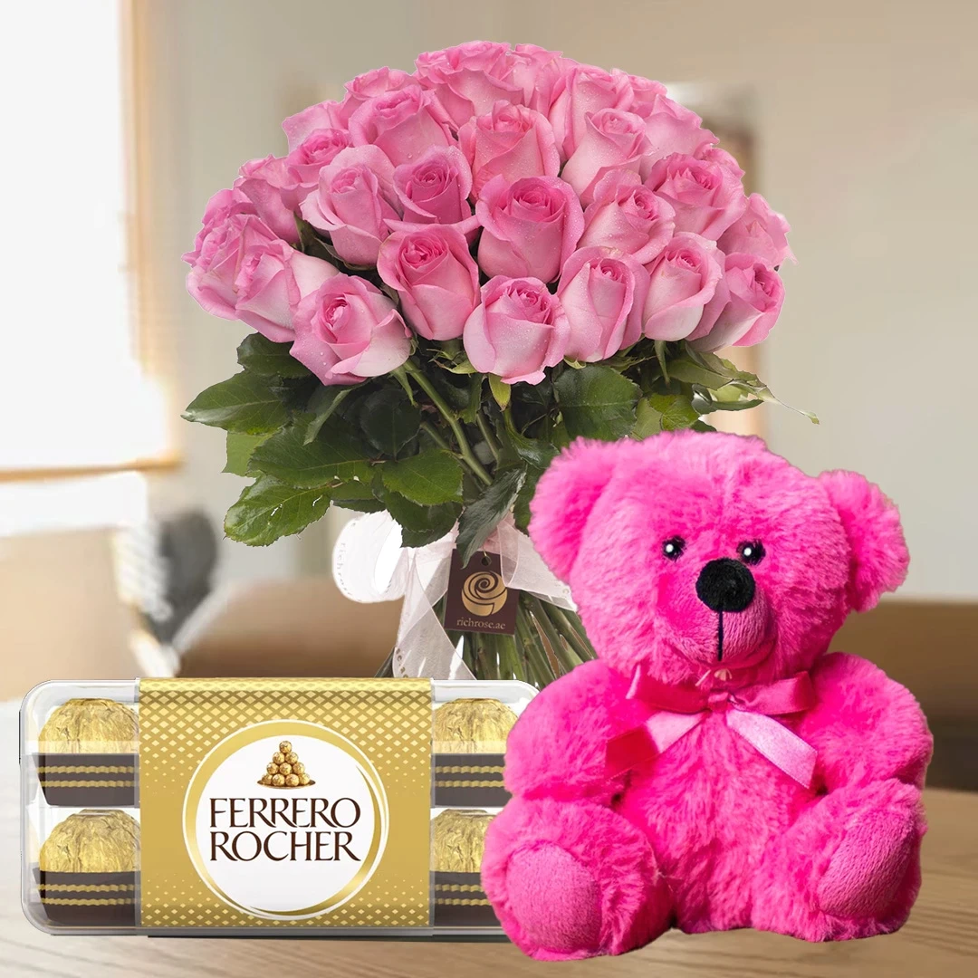 Wonderful Birthday - 20 pink roses bunch with Ferrero Rocher & teddy
