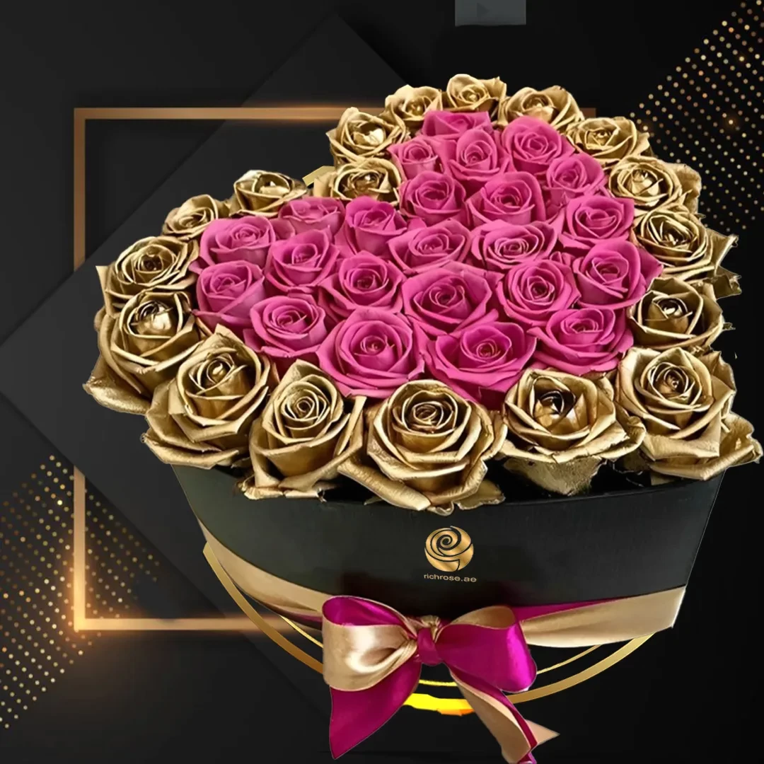 Golden Roses -  Pink and Golden Roses in Heart Box