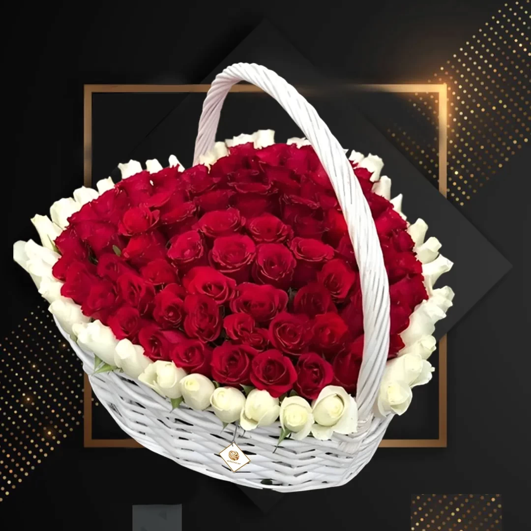 Lucky Roses -  Red and White Roses Arranged Heart Shape in Basket 