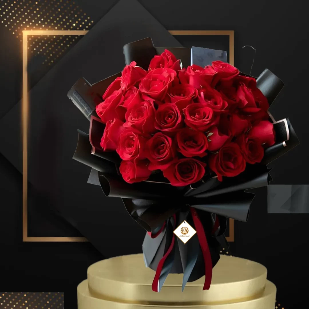Valentine Snuggles - Red Roses Black Wrapped Bouquet