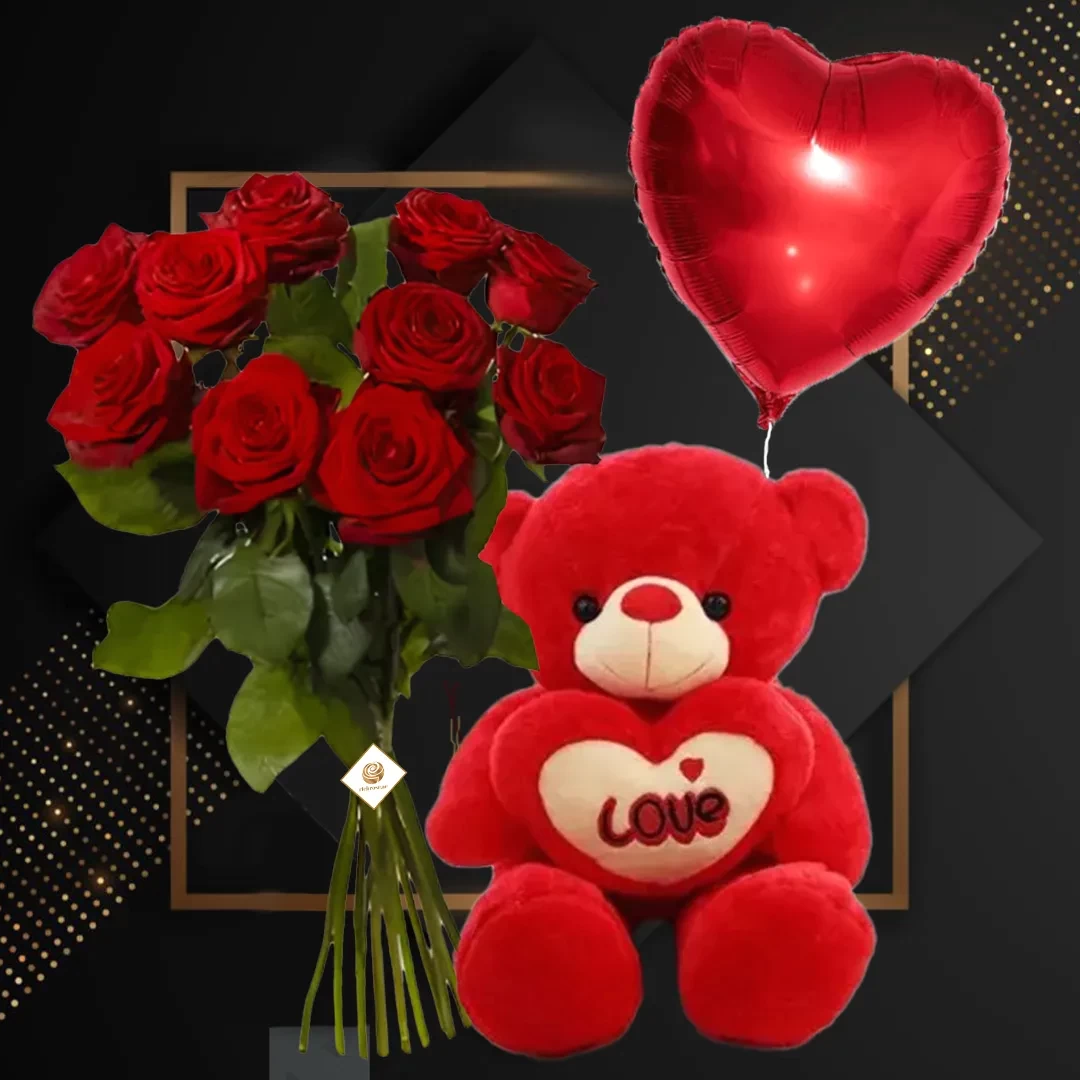 Ten Red Roses Bunch with Teddy and Red Heart Balloon