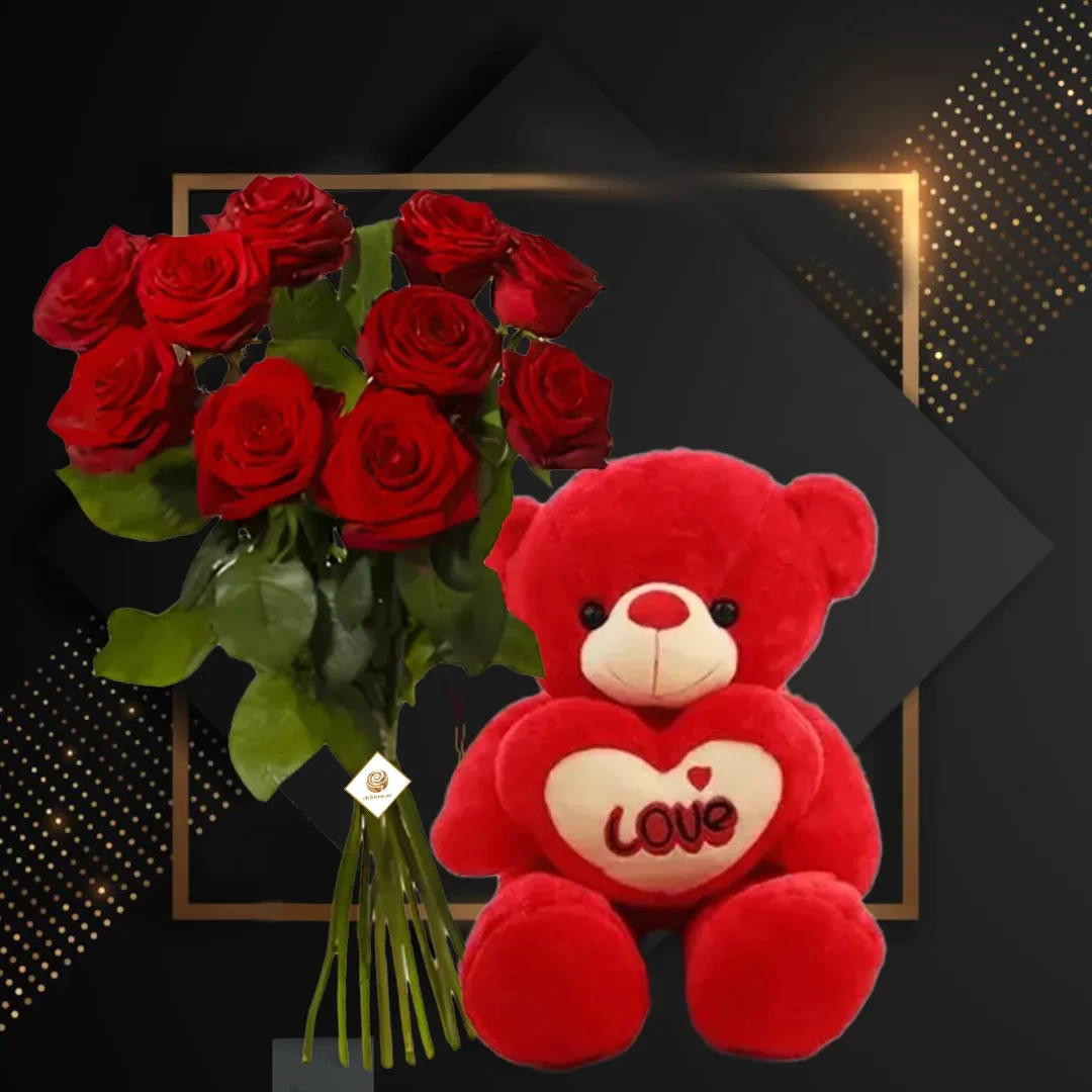 Ten Red Roses Bunch and Teddy Bear (40 cm)