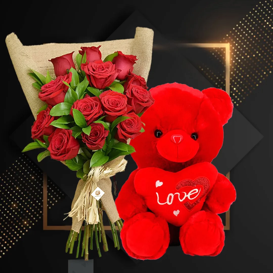 Red Roses Bouquet and Red Teddy Bear For Valentine