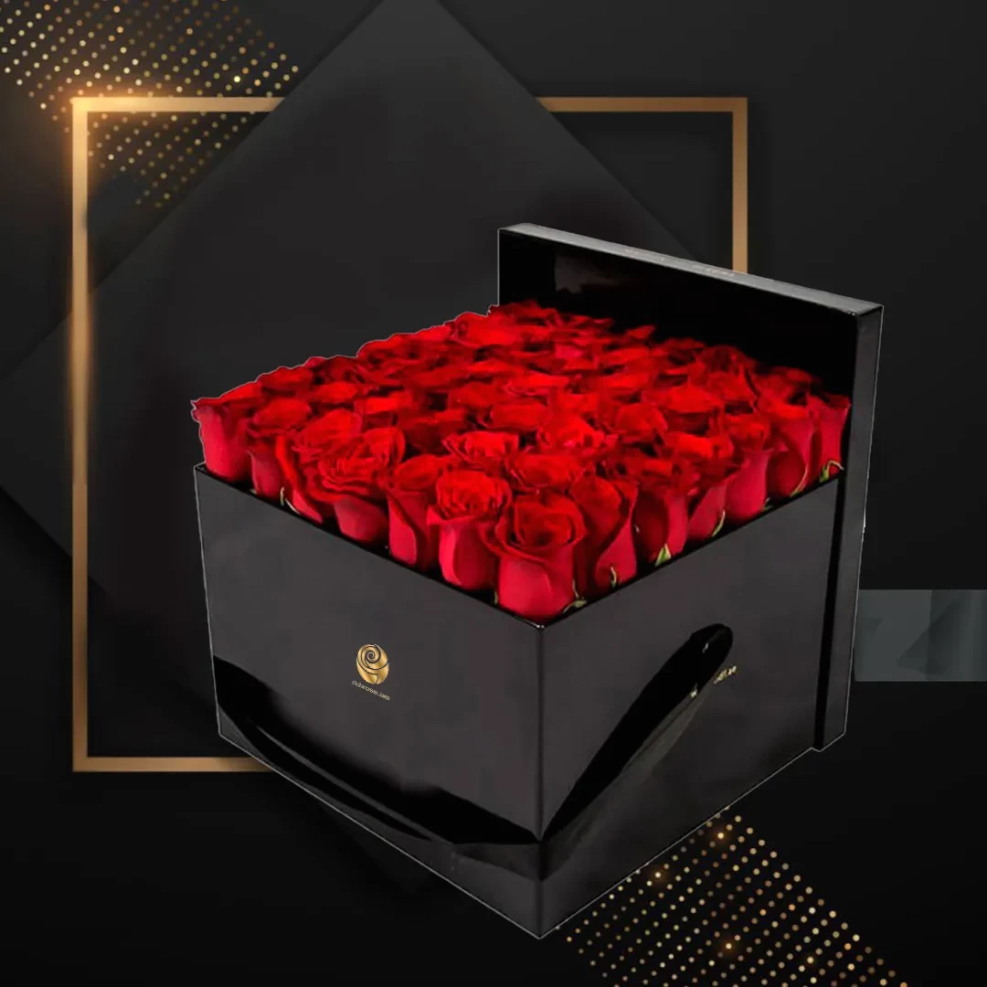 Elisha - Valentines Black Square Box Arrangement with Red Roses