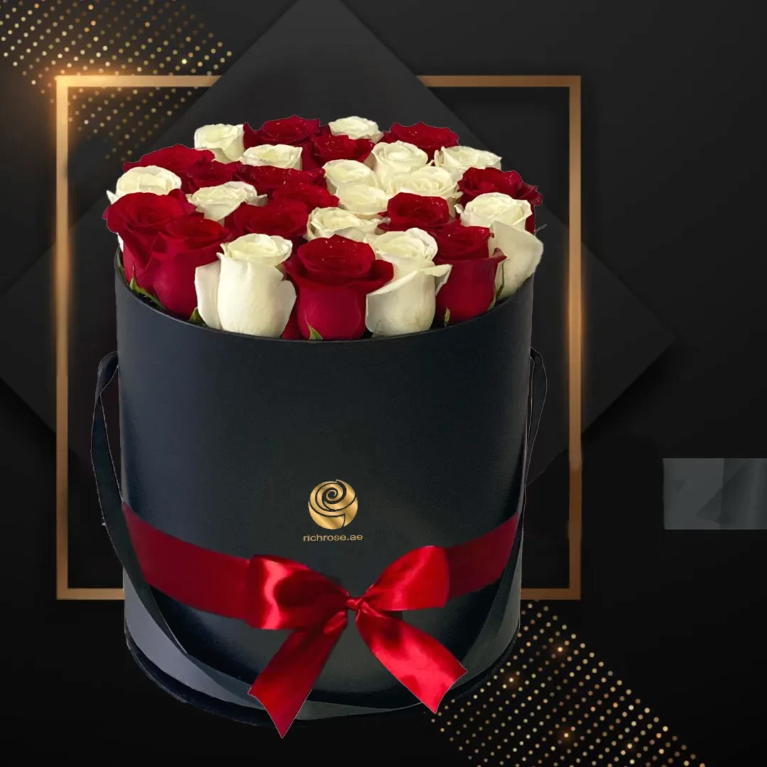 Peanut - Valentine's Red and White Roses in Black Round Box