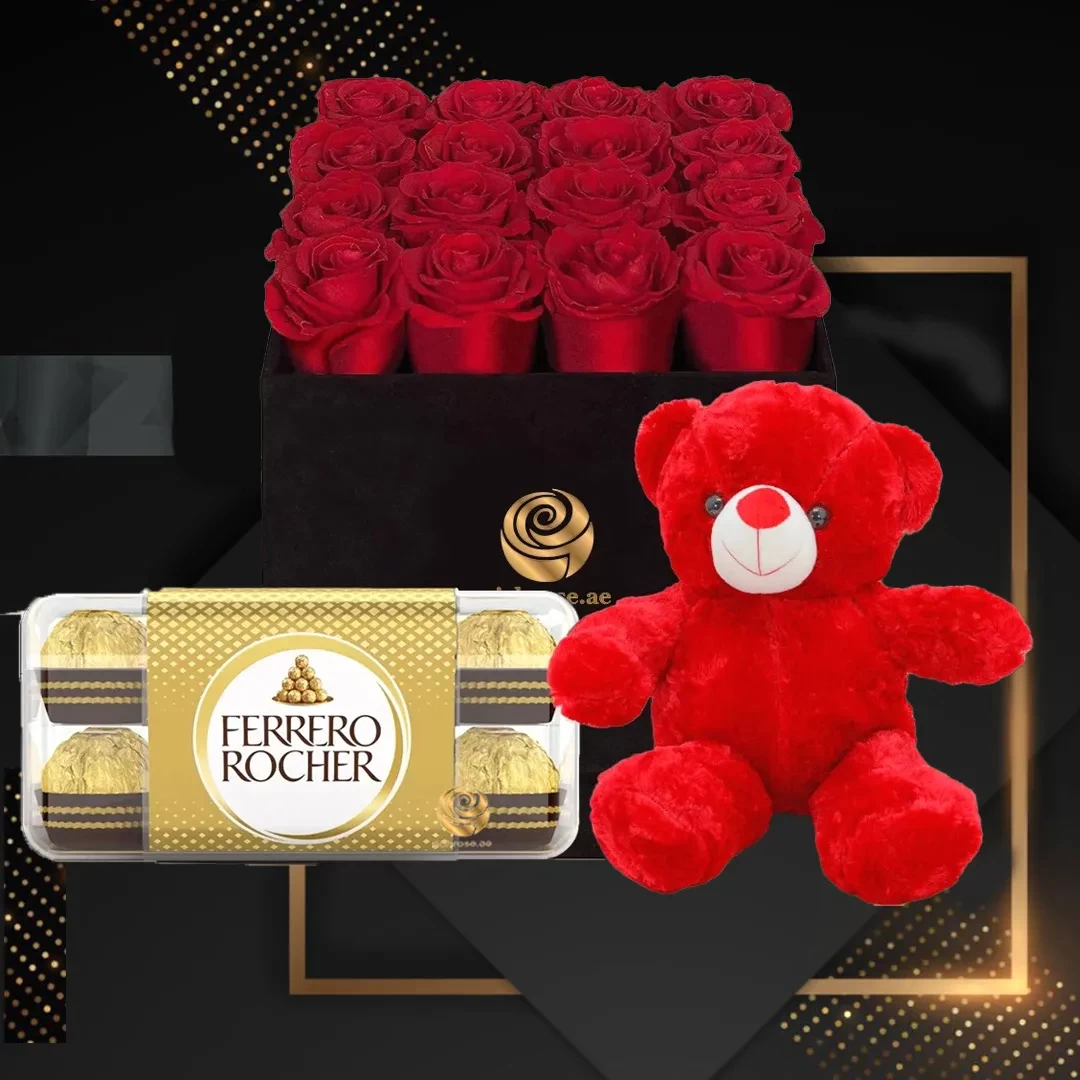 16 Red Roses Box with Teddy and Rocher Ferroro Chocolate