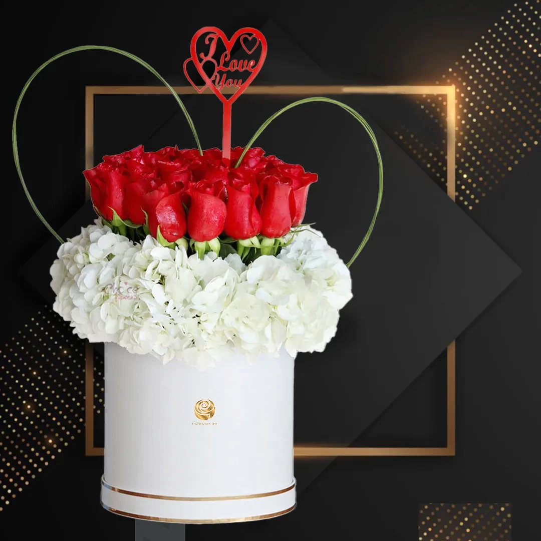 Butter Cup - Valentine's Red Roses and White Hydrangea Box