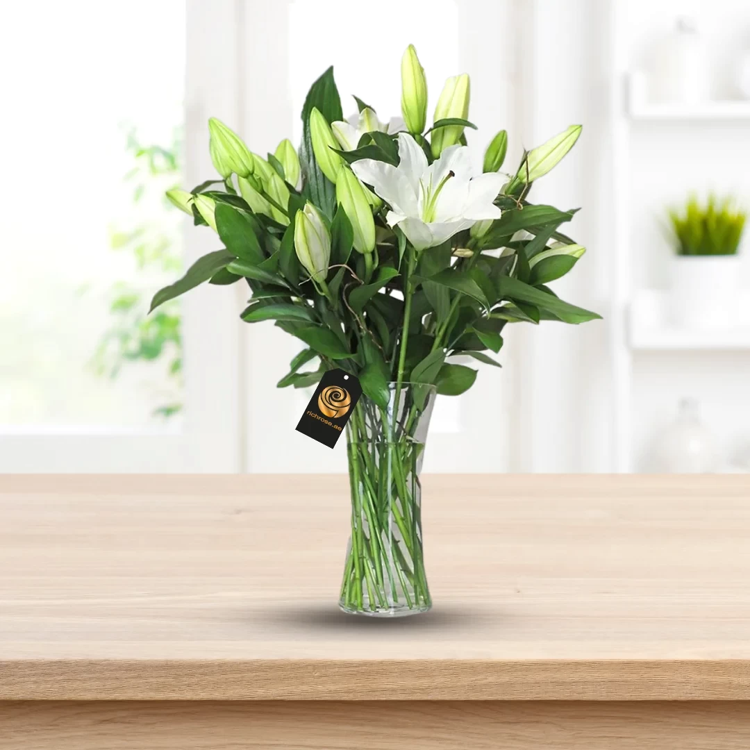 White Lily Bouquet in Glass Vase