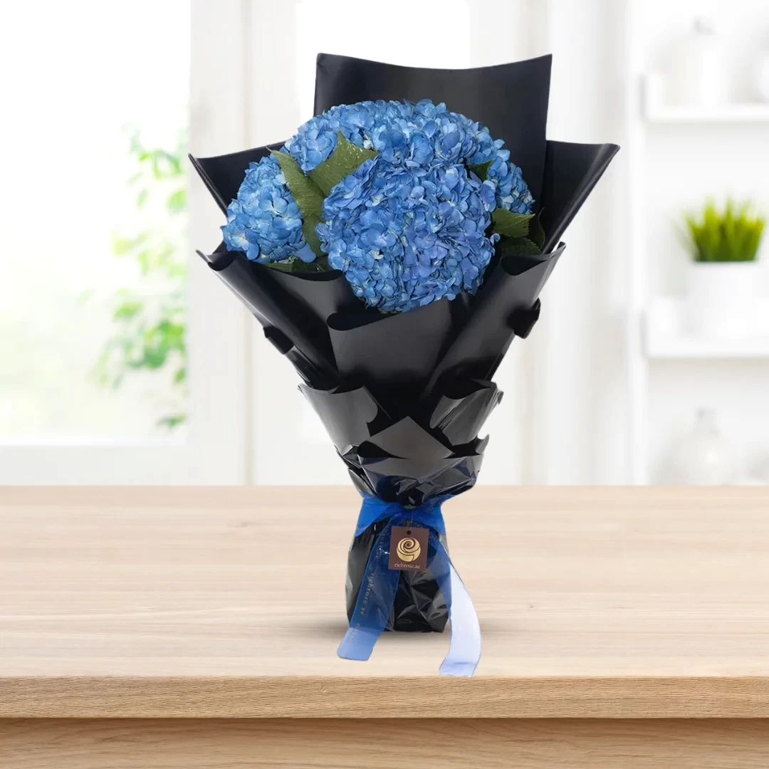 HARARI - Blue Hydrangea Bouquet with Black Wrapping