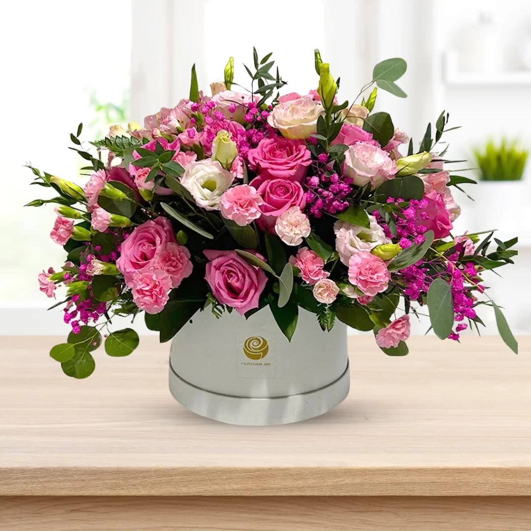 Mixed Pink Flowers in Round Box