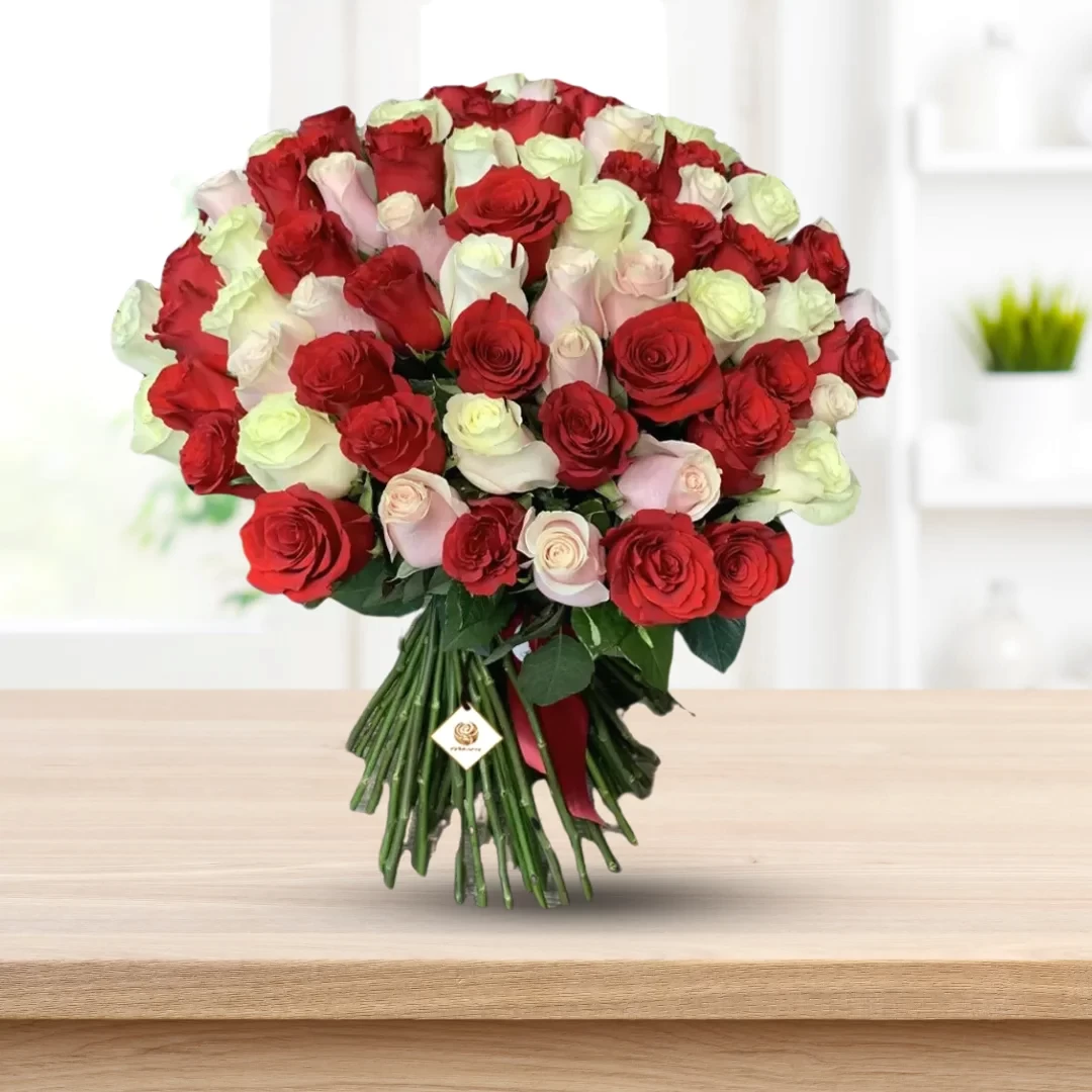 Bridge Town - Valentines 100 Red, Pink & White Mixed Roses Bunch