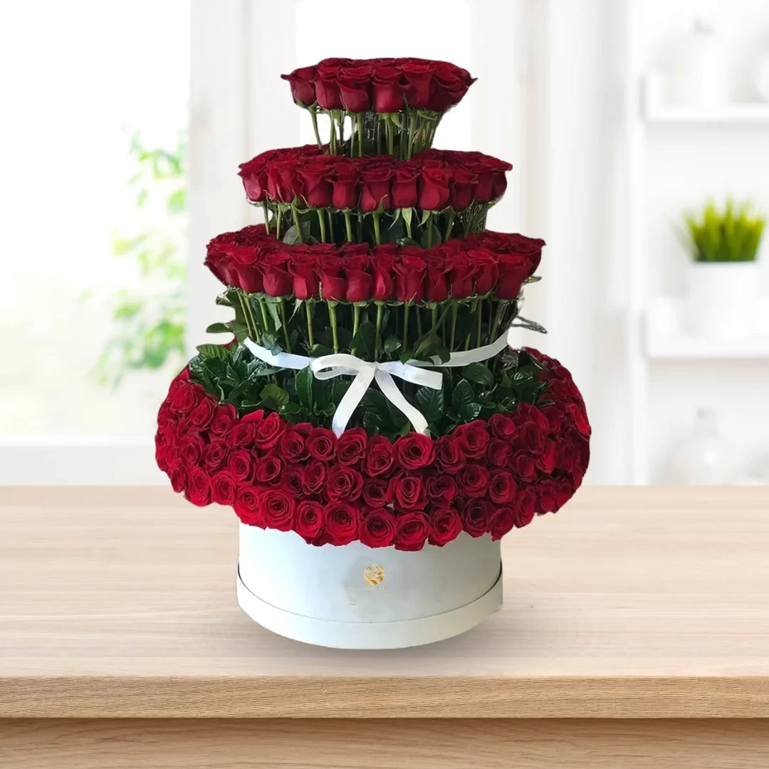 300 - Valentine's Red Roses Tower Arrangment in Round Box