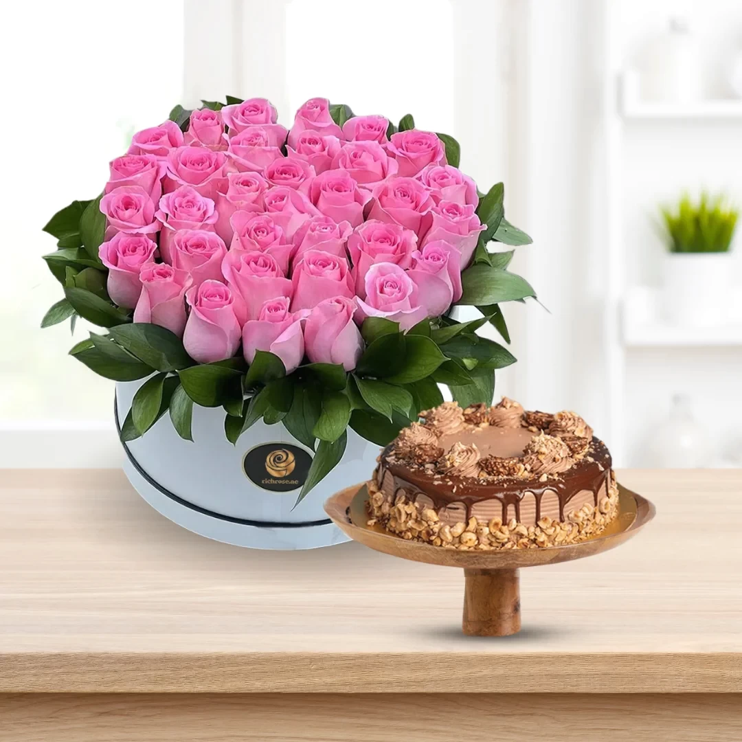 Pink Roses Box and Rocher Ferroro Cake