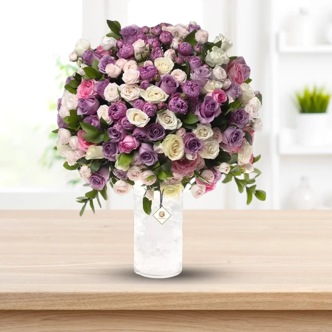 ADDIS ABABA- Purple Pink White Peach Roses in Cylinder Glass