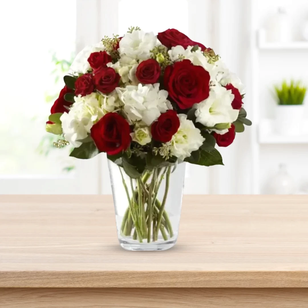 Red and White flowers in Vase - Christmas Flowers