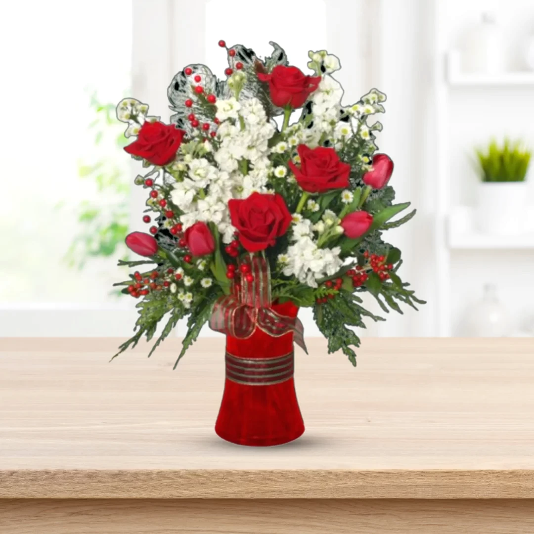 Red and White Flowers in Red Cylidner