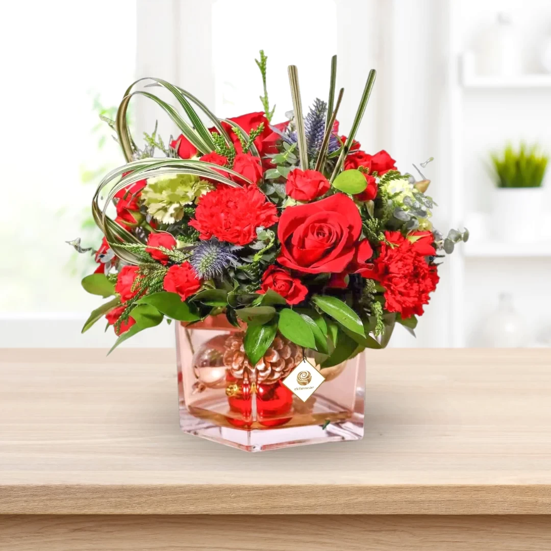 Christmas Flowers Roses and Carnations in Vase