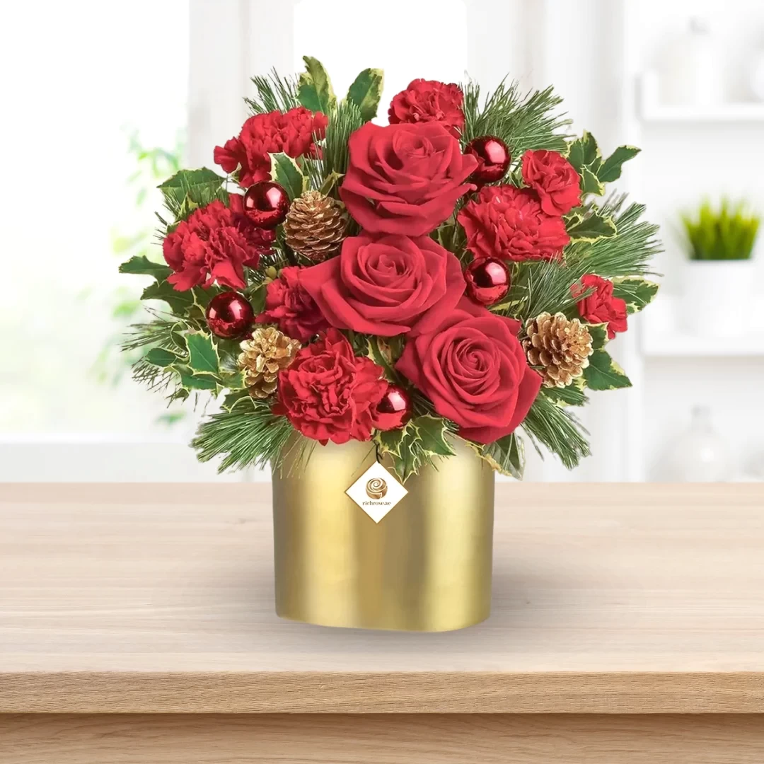 Christmas Flowers in Golden Glass Vase