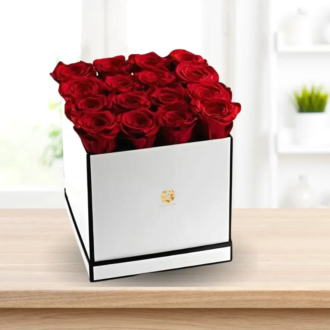 Queen Roses - Valentines Red Roses in White Square Box