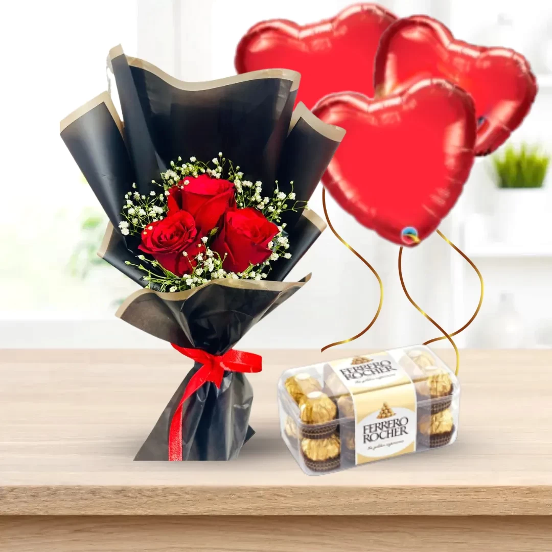 Genesis with 3 Heart Shaped Balloons and 1 Ferrero Rocher 16pcs