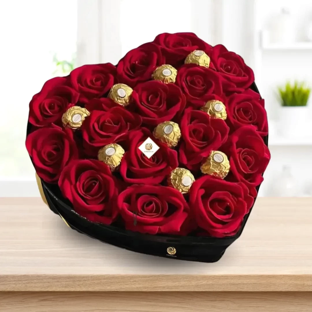 Honey Rose -  Red Roses and Rocher Ferroro in Heart Box