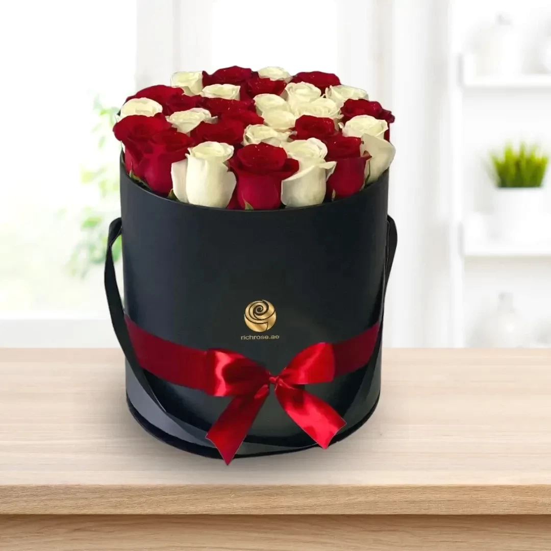 Peanut - Valentine's Red and White Roses in Black Round Box