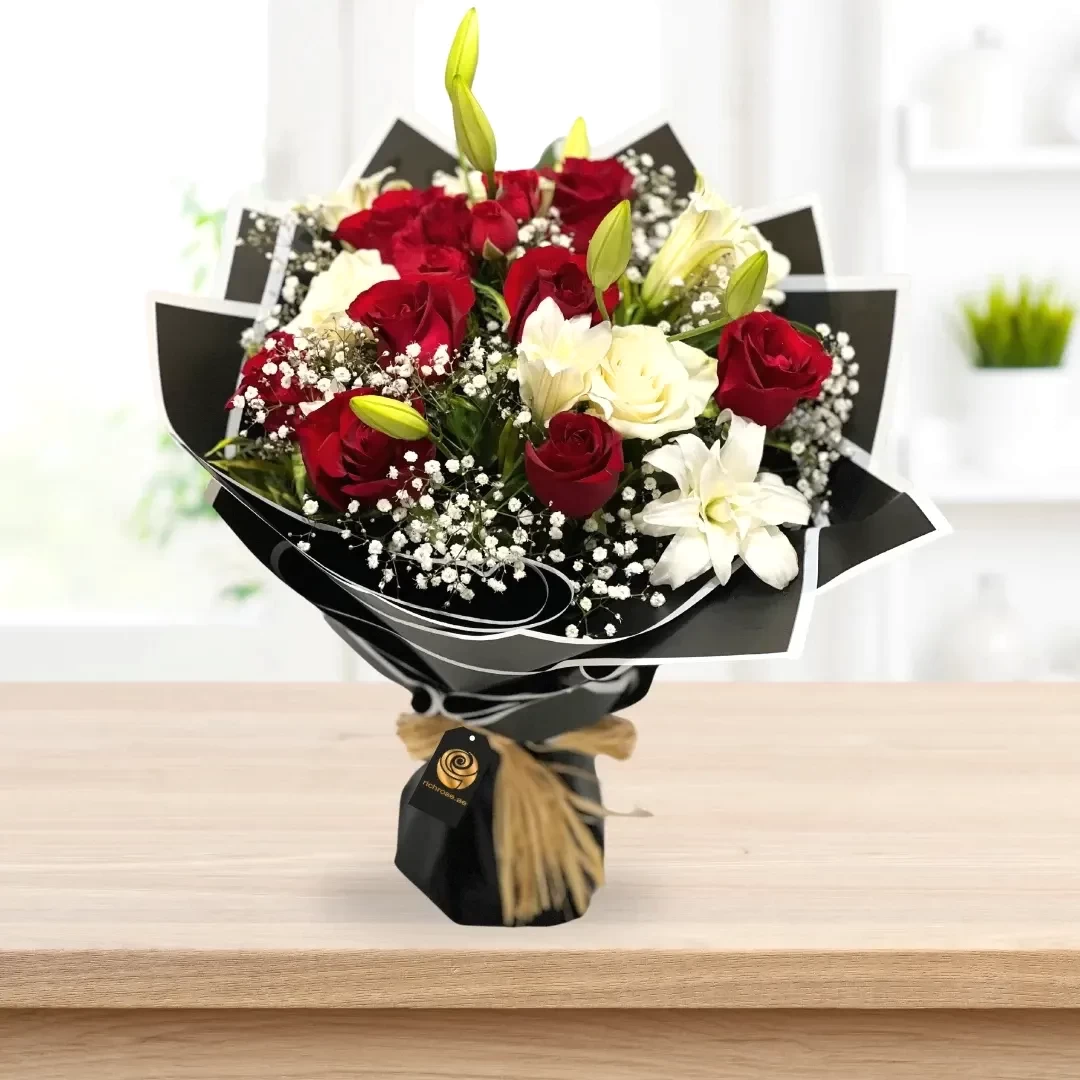 Accra - Elegant Red & White Rose Lily Bouquet