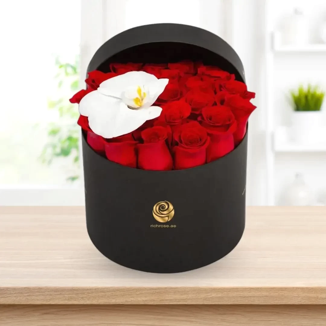 Damascus – Valentine's Premium Red Rose Box with White Orchid in Black Hatbox