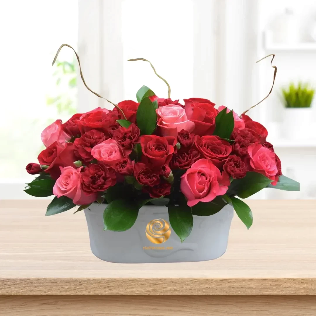 Nicola – Romantic Red and Pink Rose Tabletop Floral Arrangement