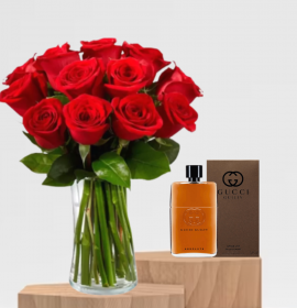 Ottawa Red Roses in Vase and Gucci Guilty Absolute Perfume