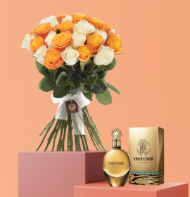 Orange and White Roses Bunch and Roberto Cavalli Perfume