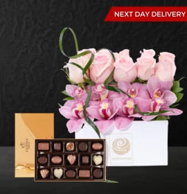 Roses & Cymbidium flowers with Assorted Chocolates Box