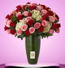 RACHEL - Hydrangea Pink and Red Roses Standing Arrangement