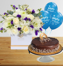 Birthday Proud -Flowers in White Box with Choco Chip Cake & Balloons