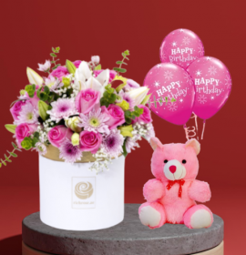 flower teddy and balloons combo