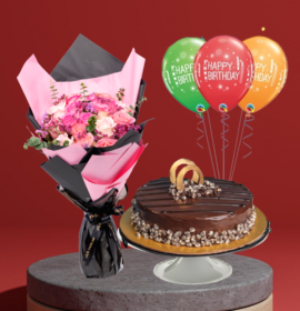 Blissful Birthday - Roses Bouquet with Choco Chip Cake & Balloons