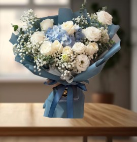 White Blue Flower Blue Wrapped Bouquet