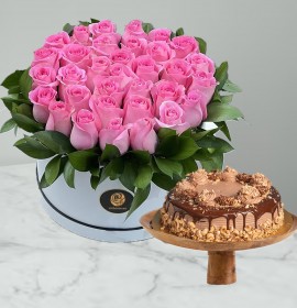 Pink Roses Box and Rocher Ferroro Cake