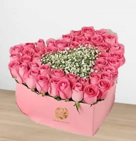 Pink Roses and Gypsophilia in Heart Box