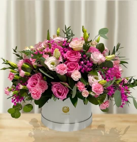 Mixed Pink Flowers in Round Box