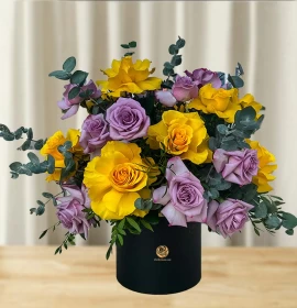 Purple and Yellow Roses in Black Box