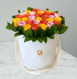 Yellow, Orange, and Pink Roses in White Box