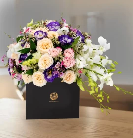 white and purple flowers box