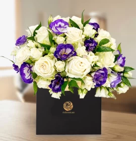 SANTIAGO- Blue Eustoma and White roses Box