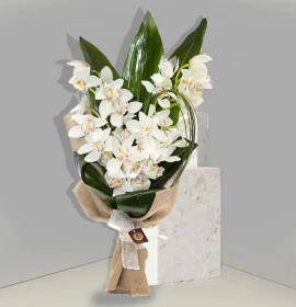 white cymbidium jute bouquet