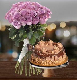 purple roses and cake - flowers and cake
