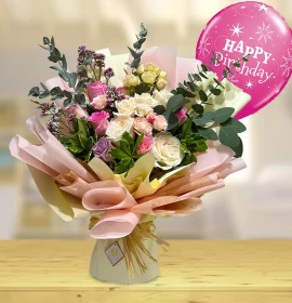 pink flower bouquet with free balloon
