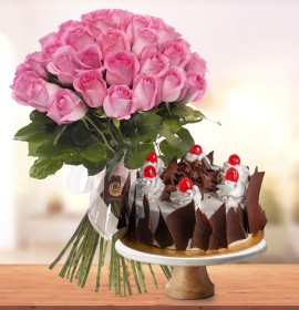 pink roses and cake - flowers and cakes